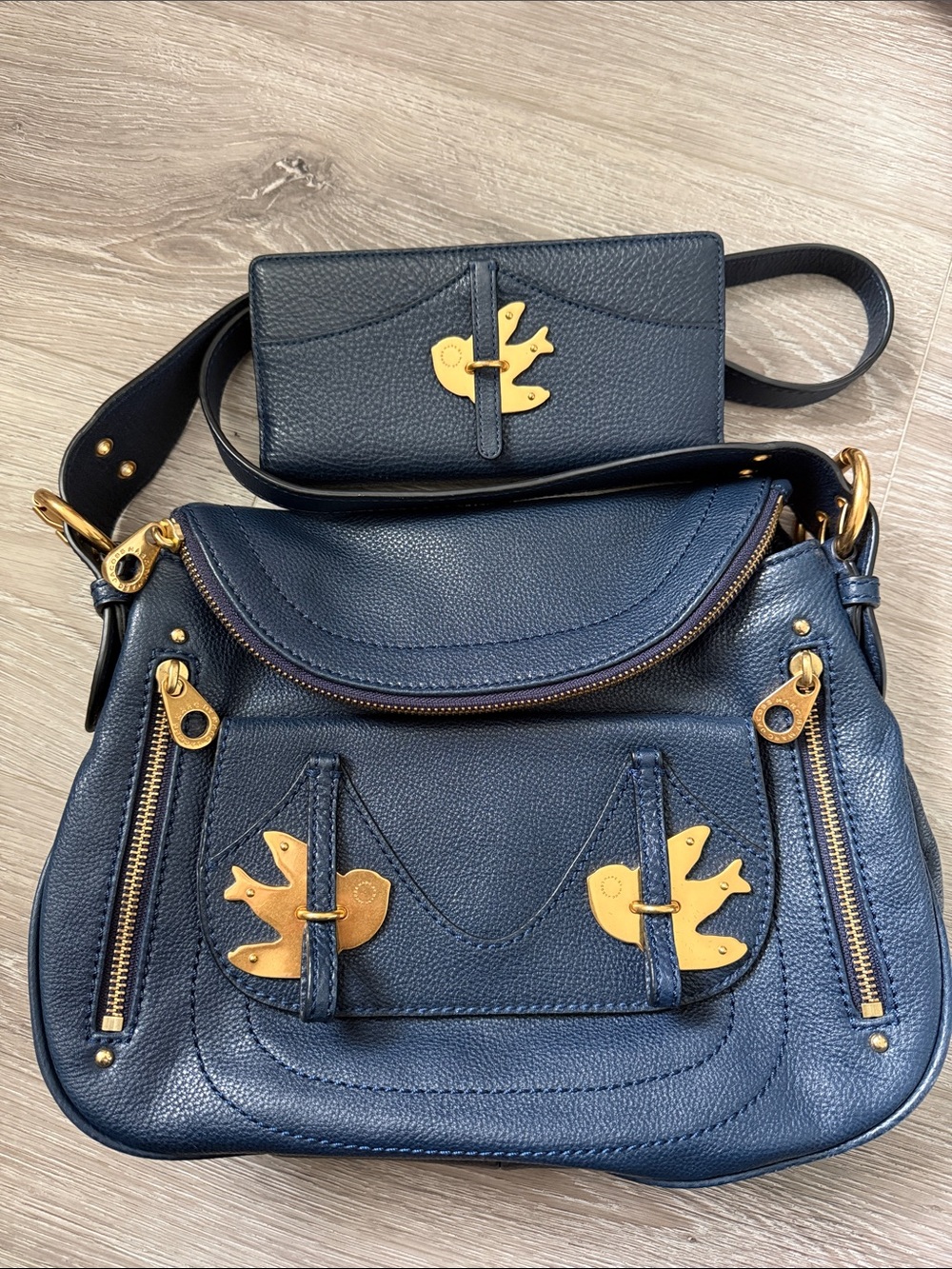 Marc by Marc Jacobs Navy Leather Shoulder Bag with Gold Bird Hardware